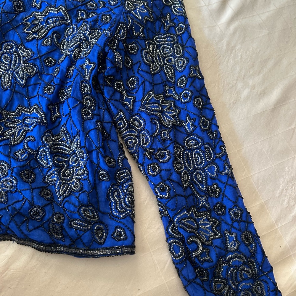 NWT Vintage 1980s Pappell Boutique blue beaded jacket size L. Cabbage Rose theme - Picture 11 of 16